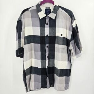 TRUST‎ Linen Blend Shirt XL Grey Black Buffalo Plaid Short Sleeve Button Up EUC